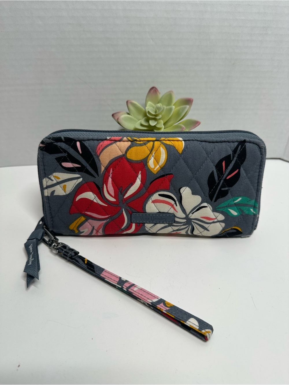 Vera Bradley Gray Quilted Floral Wristlet Wallet with Red & Yellow Blooms